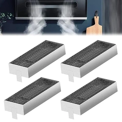 Bild av 4 stycken aktivt kolfilter för köksfläkt: Nizirioo cirkulationsfilter Bosch 17004811/HEZ9VRUD0, Siemens 17004796/HZ9VRCR0, Neff 17004806/Z821VR0 och Gaggenau CA282111 filter