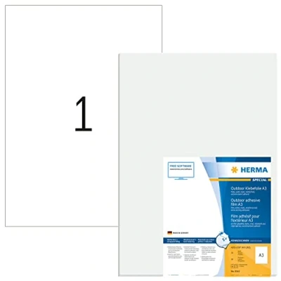 Bild av HERMA 9542 väderbeständiga folieetiketter A3 (297 x 420 mm, 10 ark, polyeten, matt) självhäftande, utskrivbara, extremt stark häftande utomhus filmetiketter, klistermärken, vit