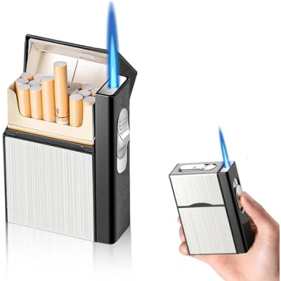 Bild av Nizirioo Cigarettfodral med tändare: Vindtät tändare gassändare stormtändare, aluminium cigarettbox kan 20 uttag, USB laddning (silver, säljs utan gas)