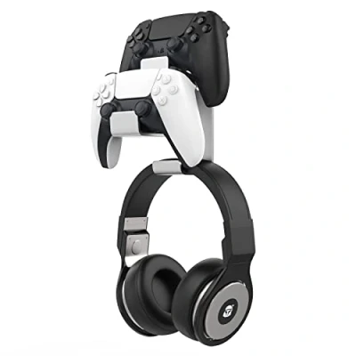 Bild av MoKo Controller Holder Dual Gamepad &amp; Headphone Hanger Compatible with Xbox One, 360, PS3, PS4, PS5, PC, STEAM, Switch丨Wall Mount Stand for All Universal Headsets, Silver