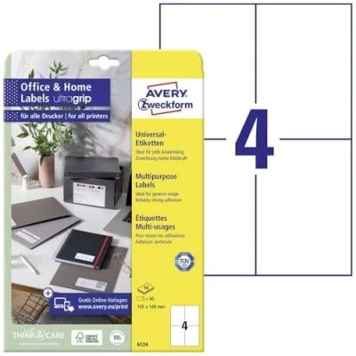 Bild av AVERY Zweckform 6124 universella etiketter (40 självhäftande etiketter, 105 x 148 mm på A4, utskrivbara adressklistermärken, fraktetiketter med ultragrip, perfekt för HomeOffice) 10 ark,