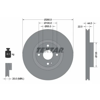 Bild av TEXTAR 92301503 Disque de frein 280 22 04/05 100 ventilé l&#039;intérieur revêtu sans roulement roue, boulon fix moyeu roue
