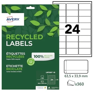 Bild av AVERY 360 anpassningsbara vita självhäftande etiketter 100% återvunna format 63,5 x 33,9 mm laser och bläckstråleutskrift
