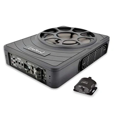 Bild av Axton ATB25P platt 25 cm/10 tums aktiv subwoofer, kompakt understolsbas med förstärkare, undersitsbas för bil och husbil, hög nivå, 180 W RMS