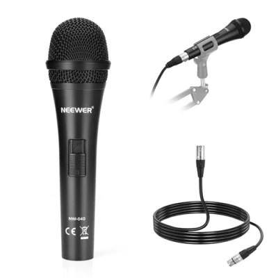 Bild av Neewer Kardioid dynamisk mikrofon med XLR till hona hankabel, styv metallkonstruktion för professionell pickup av musikinstrument, röst, sändning, tal, svart (NW 040)