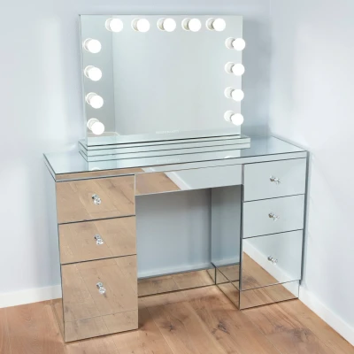 Bild av Mirrored Amira Bright Beauty Vanity Station Luxury Glass Stations Make Up Table With Mirror