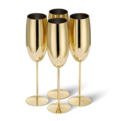 Bild av Oak &amp; Steel 4 Champagneglas i Guld Rostfritt Stål (285ml), Champagneflöjter Metall med Presentförpackning Elegant Okrossbar Present till Födelsedagar, Bröllop, Jul