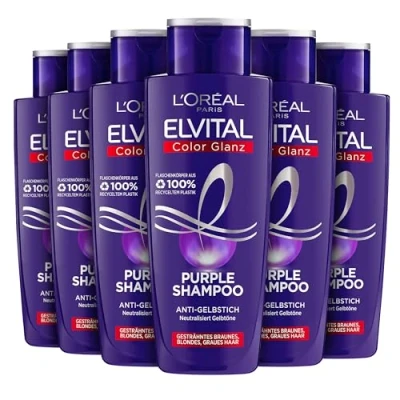 Bild av L&#039;Oréal Paris Elvital schampo för blont, slingat, grått hår, neutraliserar gula nyanser, färgglans lila silverschampo anti gulning, 6 x 200 ml