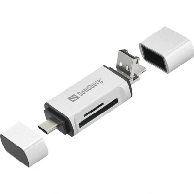 Bild av Sandberg kortläsare USB C+USB+MicroUSB minneskortläsare silver (MicroSD (TransFlash), SD, silver, USB, 1 styck, 80 mm, 16 mm)