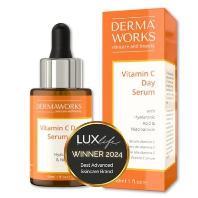 Bild av DERMAWORKS Vitamin C Serum 20% + Hyaluronsyra och Niacinamid ansiktsserum för kvinnor män Hudvård Anti rynkor aging Fuktgivande fast ung hud 30ml