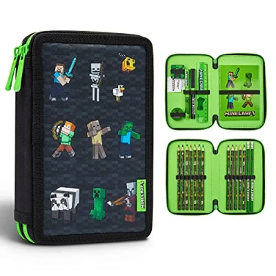 Bild av Minecraft Boy&#039;s Pencil Case, 2 fackskolepennor + skolmaterial, En storlek, Svart
