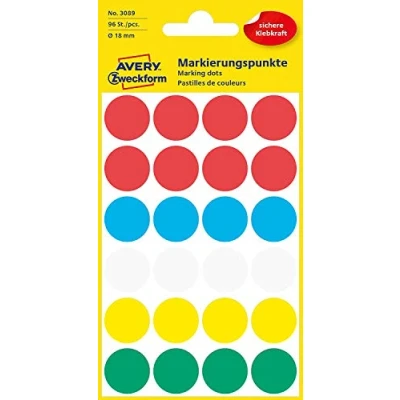 Bild av AVERY Zweckform 3089 självhäftande markeringspunkter 96 stycken (Ø 18 mm, prickar på 4 ark, punktklistermärken för färgkodning, runda klistermärken kalender, planerare och