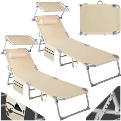 Bild av tectake® 2 set Solsäng med Tak, Vattenavvisande Fällstol, Hopfällbar Solstol Nackkudde, Justerbart Soltak, Inkluderar Sidoficka, Stabil Stålram, Passar som Trädgårdsstol Beige