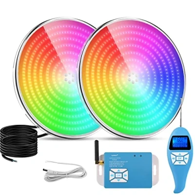 Bild av LyLmLe hartsfylld LED poolbelysning PAR56, 35 W Ultra Flat RGB färgskiftande poolstrålkastare, extern synkronisering med fjärrkontroll, dimbar poollampa, IP68 vattentät, 12 V AC (paket 2)