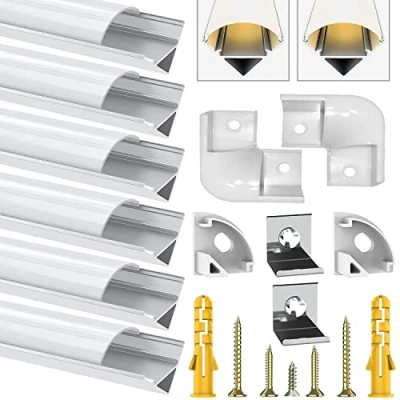 Bild av Chesbung 6 pack LED aluminiumprofil, 1 meter V formad aluminiumkanal, aluminiumprofil med mjölkvitt lock. kanaler och diffusorer ändlock monteringsklämmor