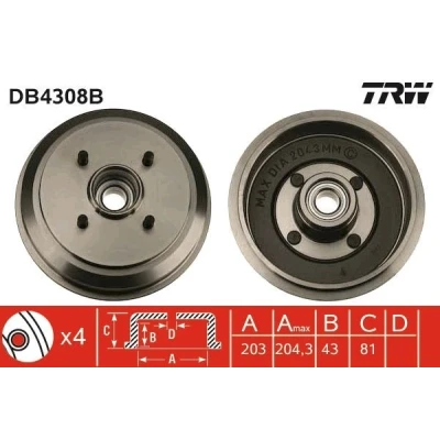 Bild av TRW DB4308B Tambours De Frein avec roulement, sans bague ABS 223 FORD: FIESTA 5, 4, Fusion Break, MAZDA: 2 5 portes