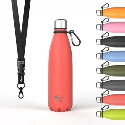 Bild av Daikoku Stainless Steel Bottle + Justerbart band karbinhake, BPA Free Double Walled Thermos, återanvändbar vattenflaska, lufttät lock, färg Coral, kapacitet 500 ML