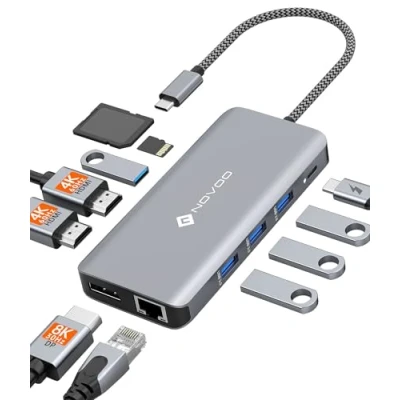 Bild av NOVOO Docking Station 4K@60Hz USB C Hub, Adapter 2 HDMI Multiport Laptop Hub met Gigabit Ethernet,8K@30Hz Display Port 100W PD SD/TF 4 för Dell HP Surface Thinkpad