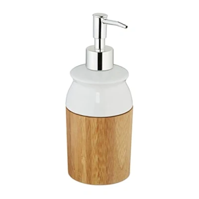 Bild av Relaxdays tvåldispenser, 225 ml, bambu och keramik, påfyllningsbar, badrum