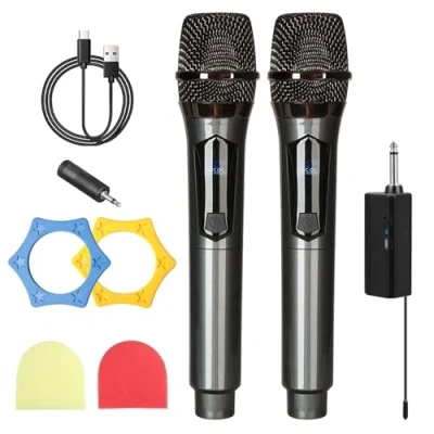 Bild av BORDEAG Trådlös mikrofon, 2 delar dubbla bärbara dynamiska mikrofoner med uppladdningsbar mottagare, trådlösa handmikrofoner, dubbel dynamisk mikrofon för fest, möte, karaoke