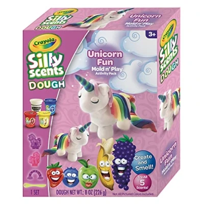 Bild av CRAYOLA Silly Scents Dough Parfym Pasta, Enhörning Skapa och modell set med 4 burkar stenciler, för 3 år, blandade färger, A1 2203