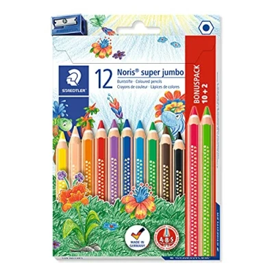 Bild av STAEDTLER Buntstift Noris super jumbo, erhöhte Bruchfestigkeit, extra dicke Mine, Sechskantform, ABS System, attraktive Sternchenprägung, Set mit 12 brillanten Farben und einem Spitzer, 129 NC12P1