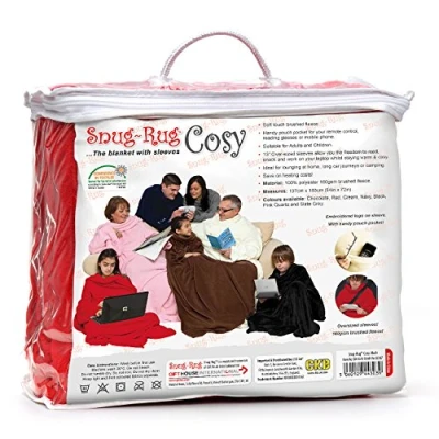 Bild av tät matta mysig filt med ärmar äkta ärmade filtar supermjuka 160 gsm fleece mjukt tyg överdimensionerade och ficka vuxen storlek (röd)