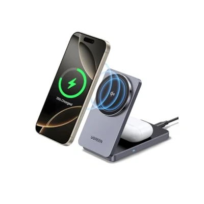 Bild av UGREEN MagFlow Qi2 certifierad 15W iPhone laddningsstation, 2 i 1 magnetisk laddningsstation kompatibel med MagSafe, vikbar trådlös laddare för 16/15/14/13/12, AirPods 2/3, 1M kabel