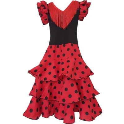 Bild av Flamifeel Flamenco klänning, röd med svarta prickar, röd, 6 år