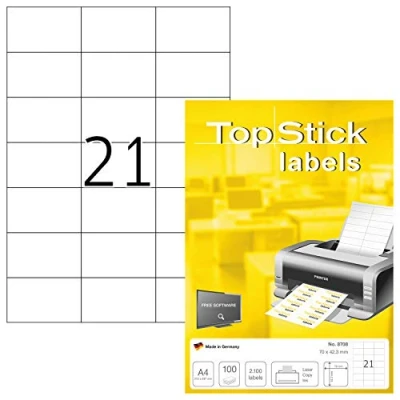 Bild av TopStick 8708 adressetiketter A4 (70 x 42,3 mm, 100 ark, papper, matt) självhäftande, utskrivbara, permanenta universella etiketter, 2 klistermärken, vit