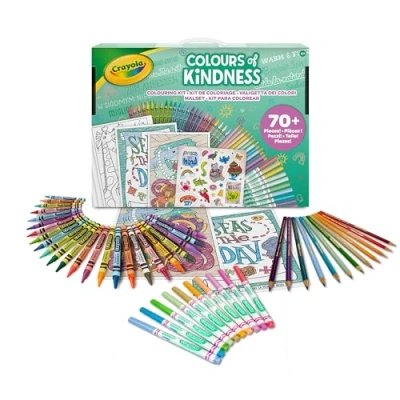 Bild av Crayola Colours of Kindess, färgfodral, 70 st, markörer, vaxkritor, blyertspennor, målarpapper, klistermärken, kreativ present till pojkar och flickor, från 4 år, 04 2941