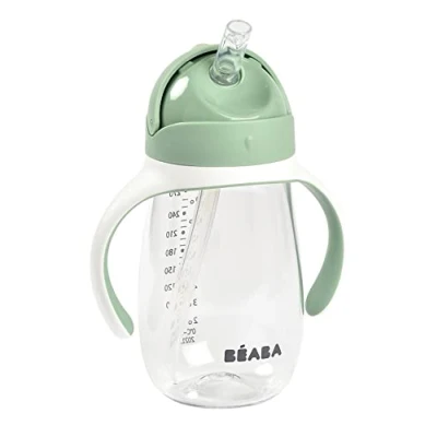 Bild av BÉABA Drickkopp 2 i 1 babyflaska barnkopp med sugrör 100% tät lätt att öppna avtagbara handtag tritan och silikon 300 ml salviagrön