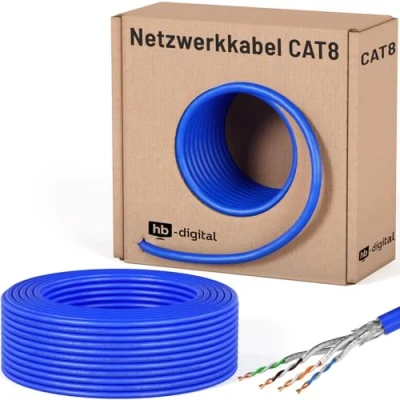 Bild av HB DIGITAL Cat 8.1 nätverkskabel på 50 m, installationskabel för Ethernet nätverk, upp till 40 Gbit/s, koppar, S/FTP, 2 000 MHz, PIMF, LSZH halogenfri, RoHS kompatibel, AWG 22/1, blå