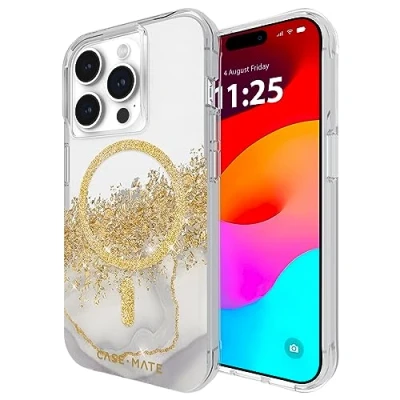 Bild av Case Mate iPhone 15 Pro fodral karat marmor [30 cm fallskydd] [kompatibel med MagSafe] magnetiskt skydd söt bling glitter för 6,1 tum, repfri, stötabsorberande, smal passform