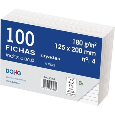 Bild av Dohe Linjerade kartongflikar (100 st.) skrivkort för anteckningar, storlek 20 x 12,5 cm, 180 g/m², nr 4, kontorsmaterial färg vit
