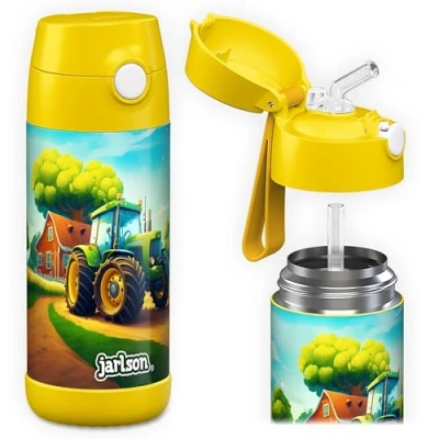 Bild av Jarlson® Vattenflaska barn rostfritt stål CHARLI med sugrör termosflaska 350 ml TÜV testad BPA fri läckagesäker för skola, dagis, cykel traktor,