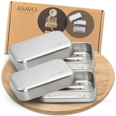 Bild av ASAVO 2 x tvålbox metall aluminium med avtagbart dräneringsgaller rostfri tvålskål för resor tvålbehållare tenn pack