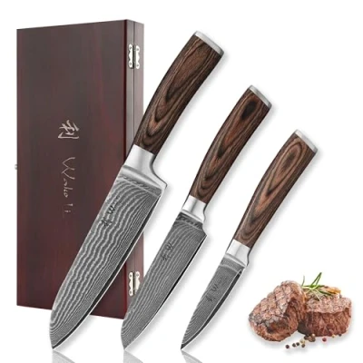 Bild av Wakoli Edib 3 delad damaskus knivset med kökskniv bladlängder från 8,5 17 cm extremt vass på grund av 67 lager I Damascus kockkniv set äkta japanskt damaststål Pakka handtag &amp; trälåda