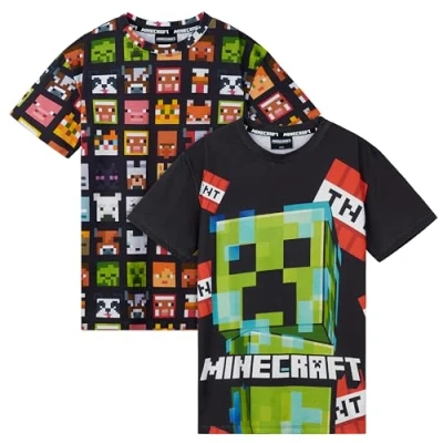 Bild av Minecraft Mjuka t shirts för pojkar med rund hals, 2 pack shirts, Svart/flerfärgad, 7 8 år