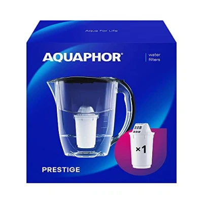 Bild av AQUAPHOR vattenfilter Prestige Svart inklusive 1 A5 filter I Karaff för 2,8 liter Passar kylskåpsdörren Minskar kalk och klor Bordssvattenfilter Praktisk filterkanna