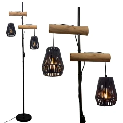 Bild av Osasy Golvlampa i naturligt trä, svart metallrep, modern 169 cm golvbelysning, eleganta golvlampor för sovrum, vardagsrum, kontor, med strömbrytare, 2 E27 uttag