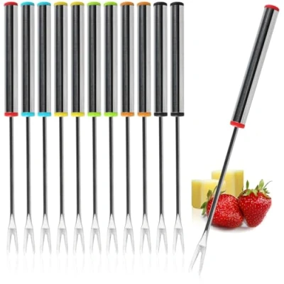 Bild av COM FOUR® 12x fonduegafflar gjorda av rostfritt stål diskmaskinssäkra fonduebestick spett med stålhandtag och färgat lock doppgafflar (12 stycken färgglada)