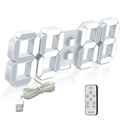 Bild av Deeyaple digital LED väckarklocka 3D liten väggklocka inget ljud snooze dimbar tid minne 12/24 datum temperatur fjärrkontroll nattlampa kontor kök vardagsrum sovrum (vit, 38 cm)