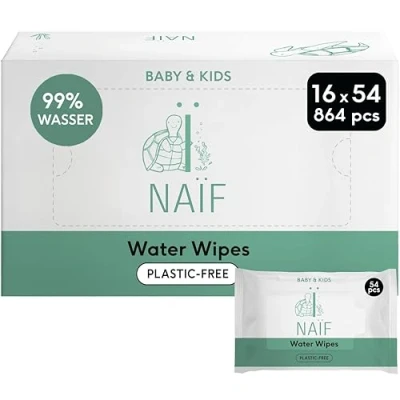 Bild av Naïf Plastfria våtservetter 864 stycken (16 x 54 våtservetter) för Babypo, kropp och ansikte 99% av vatten, tillsätt 0% perfum alkohol hållbara eukalyptusfibrer