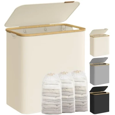 Bild av SONGMICS tvättkorg 3 fack 150 l med lock Vikbar avtagbar tvättpåse Oxfordtyg Bambuhandtag Vikbara 60 x 38,5 70,5 cm Gräddvit LCB515W01