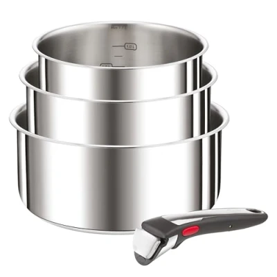 Bild av Tefal Ingenio Set med 4 delar, 16/18/20 cm kokkärl +1 avtagbart handtag, induktion, rostfritt stål, stapelbar, platsbesparande, tillverkad i Kina, preferens på L898S334