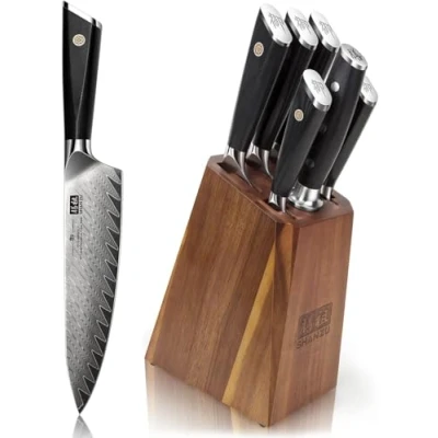 Bild av SHAN ZU GYO serien Damaskus knivblock set, 5 knivar och 1 slipstål med premium träknivblock