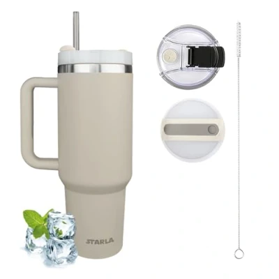 Bild av STARLA Termosmugg med sugrör och handtag, 1,2 l, stor, 2 lock, läckagesäker, rostfritt stål, isoleringskopp, kaffemugg To Go vattenkopp, resemugg, drickmugg handtag (mörk)