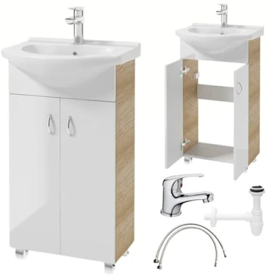 Bild av Deftrans Domodomo badrumsskåp med tvättställ, 80 x 50 26 cm vitt keramiskt tvättställsset, stativskåp för litet badrum, WC tvättställ underskåp