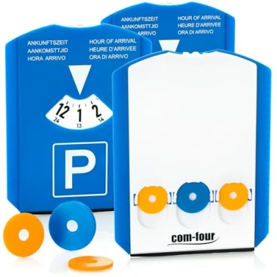 Bild av COM FOUR® 3x parkeringsskiva med isskrapa, gummiläpp och 3 kundvagnschip plastparkeringsmätare (03 st chip)